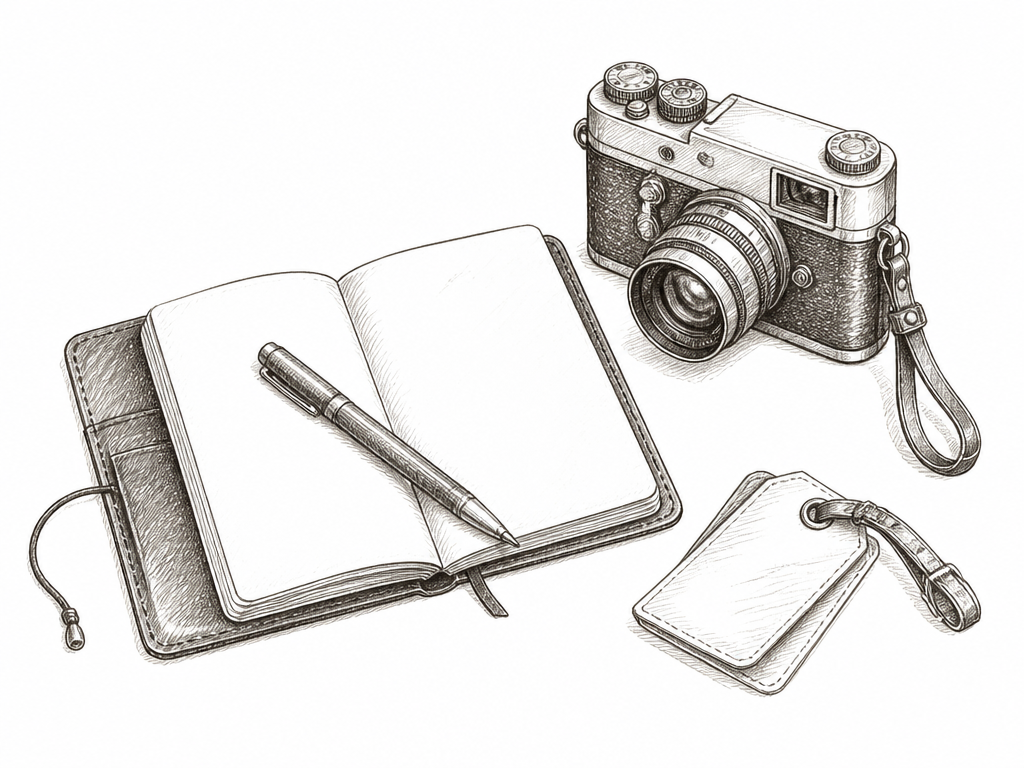 Illustration of an open travel notebook with a pen, a camera and a luggage tag