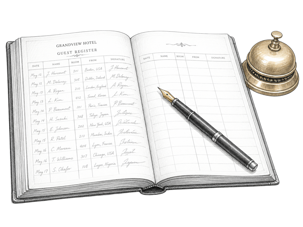 Illustration of an open hotel guest register with a fountain pen and reception bell