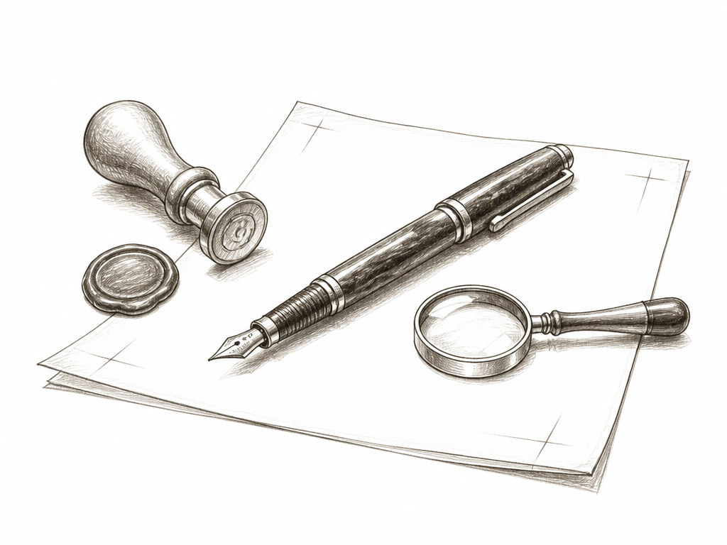 Illustration of a fountain pen, wax seal and magnifying glass resting on a proof sheet