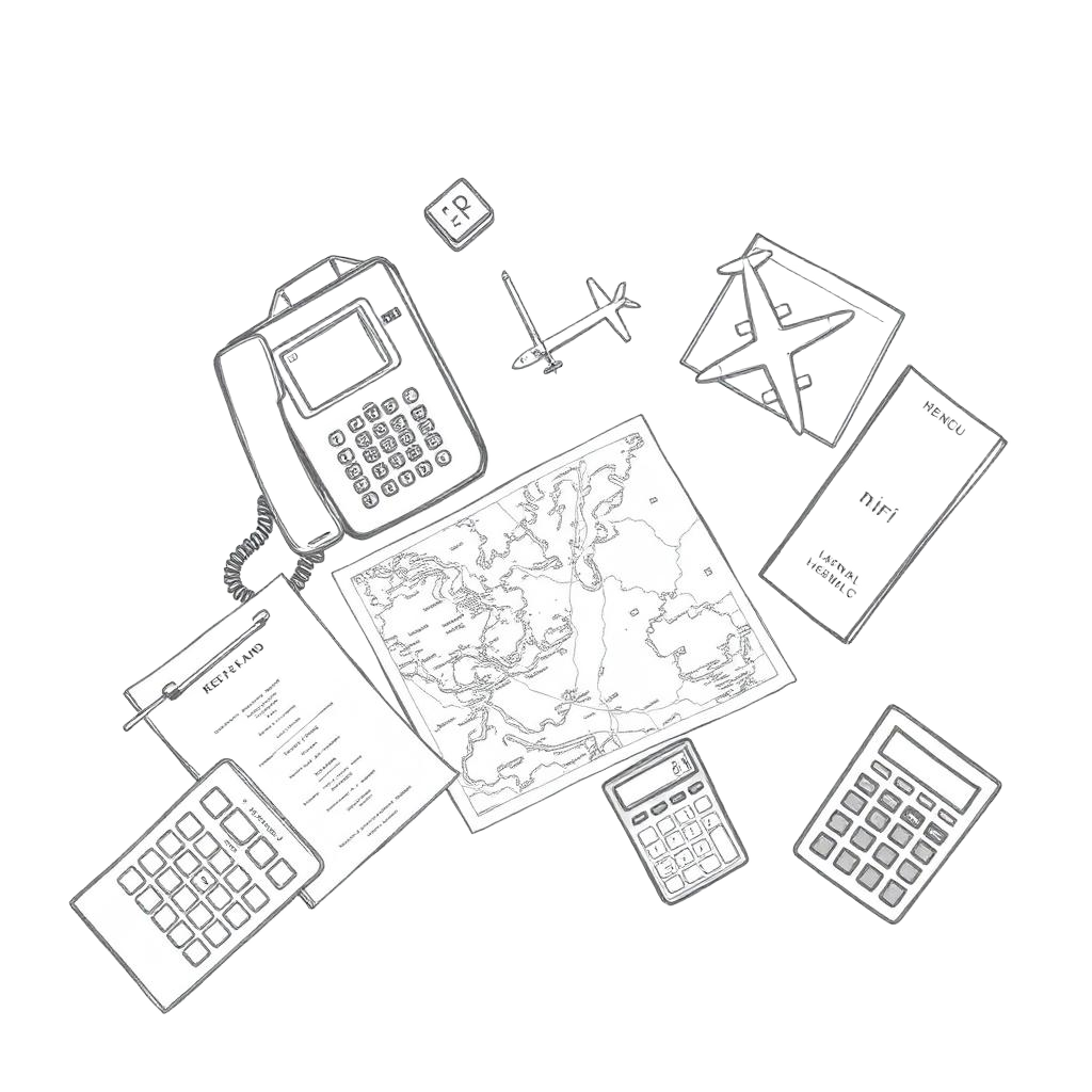 Pencil sketch of a cluttered travel advisor desk with a phone, map, plane, menu, and calculators