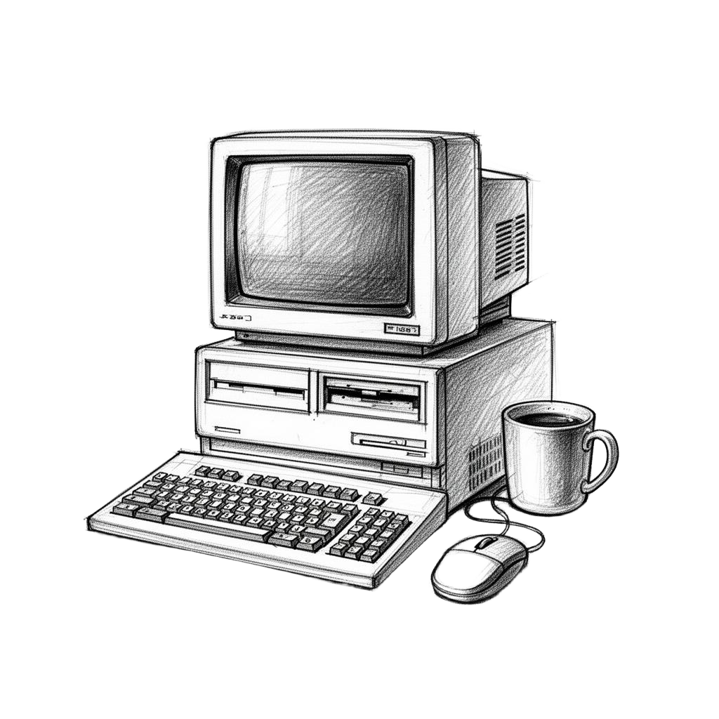 Pencil sketch of a person booking a hotel on a vintage desktop computer